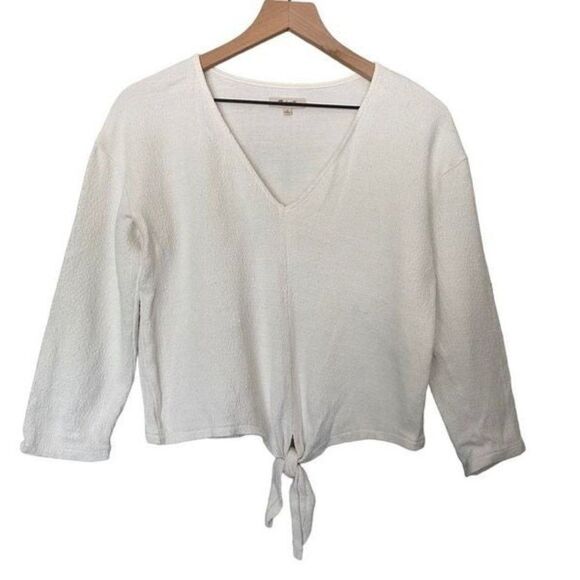 Madewell Small White Cropped Top Long Sleeve Shirt Tie Front S - Picture 1 of 10